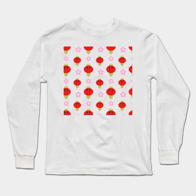 Cute Lantern with Flowers Pattern in White Background Long Sleeve T-Shirt by Kelly Gigi